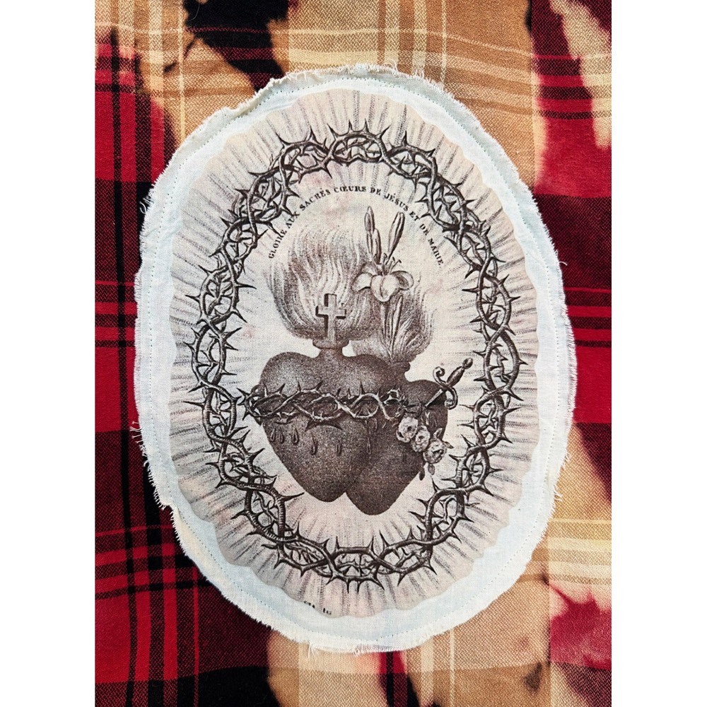 Upcycled Sacred Heart Flannel Jacket Fleece Lined Folk Art Small
